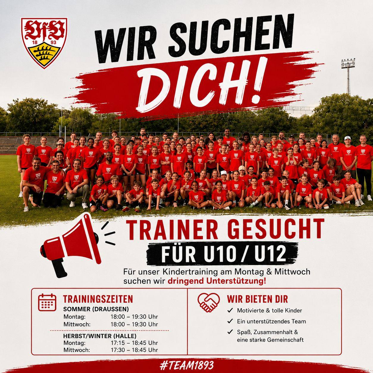 🚨 WIR SUCHEN DICH! ❤️🤍

Für unsere U10/U12 suchen wir dringend Unterstützung im Trainerteam für montags und/oder mittwochs! 🏃‍♀️🏃‍♂️

☀️ Sommer – Stadion Festwiese:
• Montag: 18:00–19:30 Uhr
• Mittwoch: 18:00–19:30 Uhr

🏠 Herbst/Winter – Halle Gottlieb-Daimler-Gymnasium:
• Montag: 17:15–18:45 Uhr
• Mittwoch: 17:30–18:45 Uhr

Du hast Lust, Kinder für die Leichtathletik zu begeistern, sie sportlich zu fördern und Teil eines tollen Teams zu werden? 🙌
Dann freuen wir uns sehr, von dir zu hören! ❤️

Du kennst jemanden, der Interesse haben könnte? Dann gerne weitersagen und teilen! 📲

#TrainerGesucht #U10 #U12 #Leichtathletik #Kindertraining #VfBLeichtathletik #Trainer #Ehrenamt #TeamVfB #GemeinsamStark #LeichtathletikLiebe #Nachwuchsarbeit