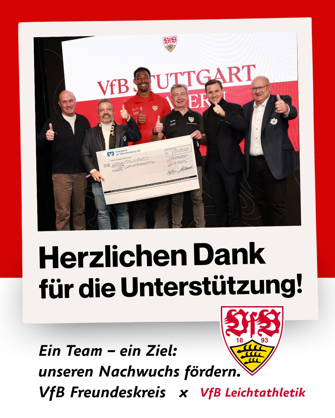 Ein schönes Vor-Weihnachtsgeschenk für unsere Leichtathletik! 🎁✨Heute erhielt unsere Abteilung einen symbolischen Scheck über 10.000 € vom VfB Freundeskreis – vielen Dank für diese großzügige Unterstützung! 🙏
Abteilungsleiter Dieter Göggel und Zehnkämpfer Leo Neugebauer nahmen ihn stellvertretend entgegen. Gemeinsam stärken wir so unseren Sport und den VfB-Nachwuchs. ✨

Diese Hilfe verbessert unsere Trainingsbedingungen und gibt jungen Talenten Rückenwind. Danke für euer Vertrauen!

 #vfbfreundeskreis #vfbleichtathletik 
📷 perfectfotos / Wolfgang List